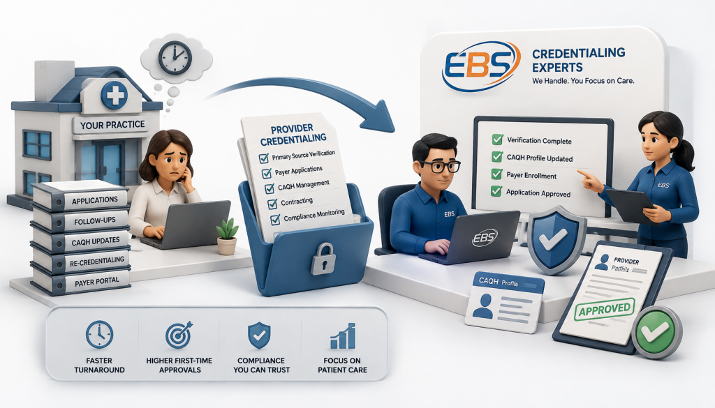 Healthcare practice outsourcing provider credentialing to Easy Billing Services for faster enrollment, verification, compliance, and payer approval.