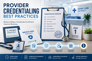 Healthcare provider credentialing checklist with medical documents, CAQH profile, enrollment paperwork, and approval timeline illustrating provider credentialing best practices for faster insurance enrollment and billing.