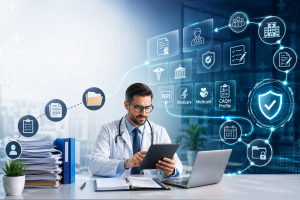 Healthcare provider reviewing digital credentialing documents with Medicare, Medicaid, CAQH, and NPI verification workflow for DIY provider credentialing.